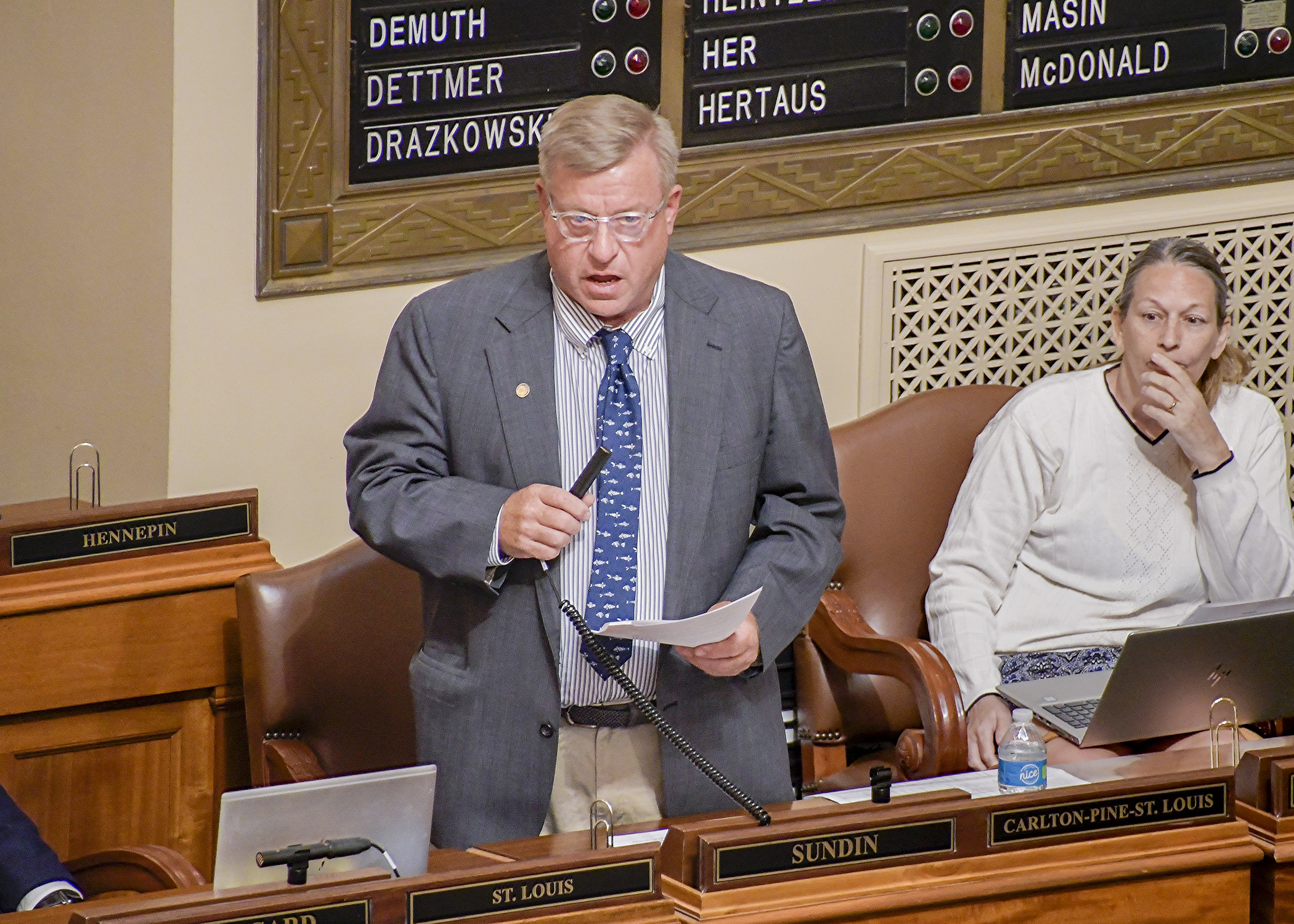 Rep. Mike Sundin, chair of the House Agriculture Finance and Policy Committee, presents the omnibus agriculture and broadband bill on the House Floor Friday. Photo by Andrew VonBank